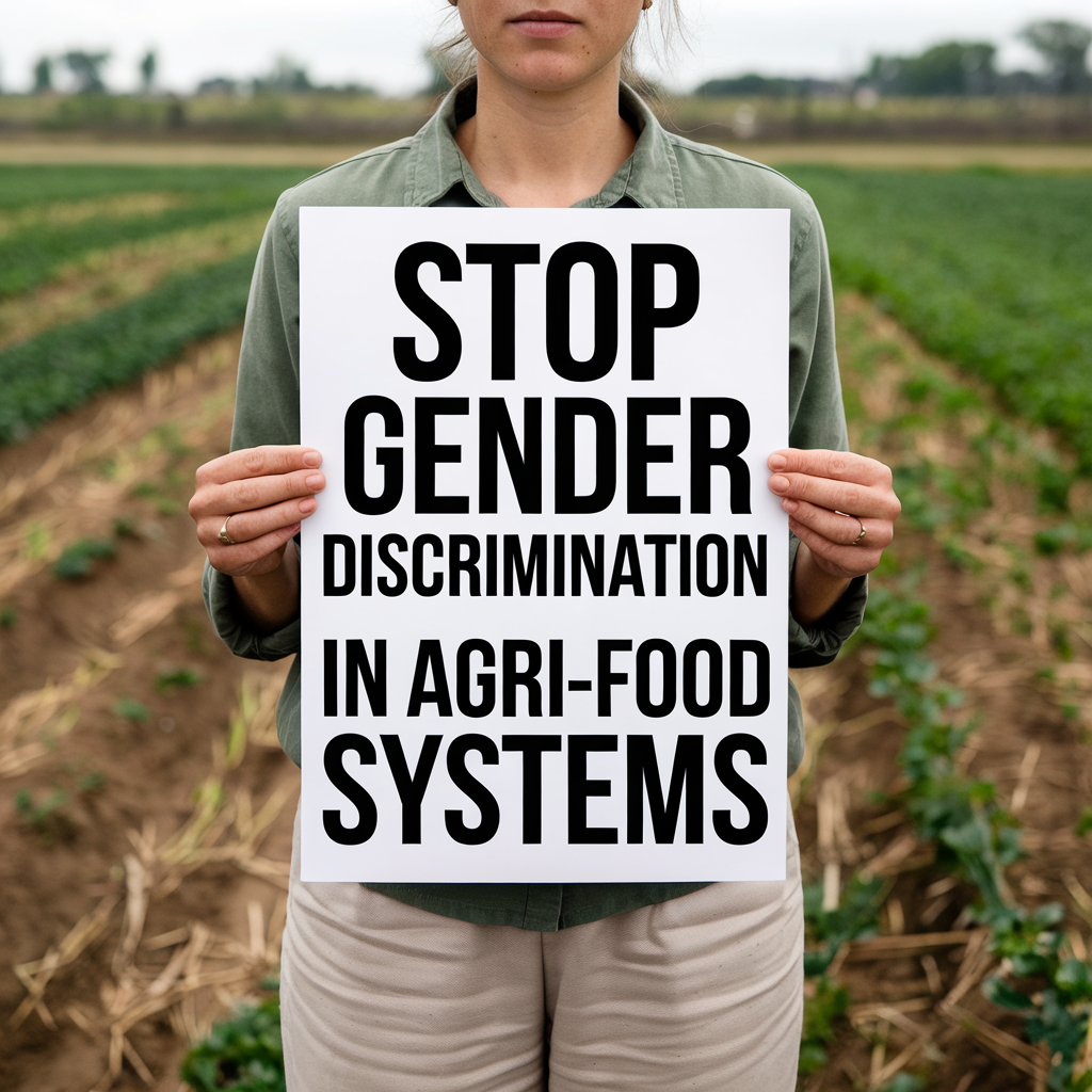 An AI generated picture of a women holding the banner amongst cropland that says, "stop gender discrimination in agrifood systems." This image spreads the message of gender and climate awareness.