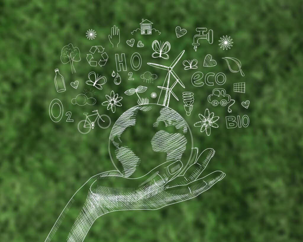 Circular economy blog cover with hand holding Earth and eco-friendly icons. 