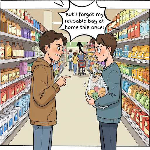 An illustration of a man with a surprised expression holding a bag of groceries wrapped in single-use plastic wrap. He is standing in a grocery store aisle. Standing next to him is a man with a frown on his face. The man with the plastic-wrapped groceries has a thought bubble that says, "But I forgot my reusable bag at home this once!" The background contains shelves of groceries.