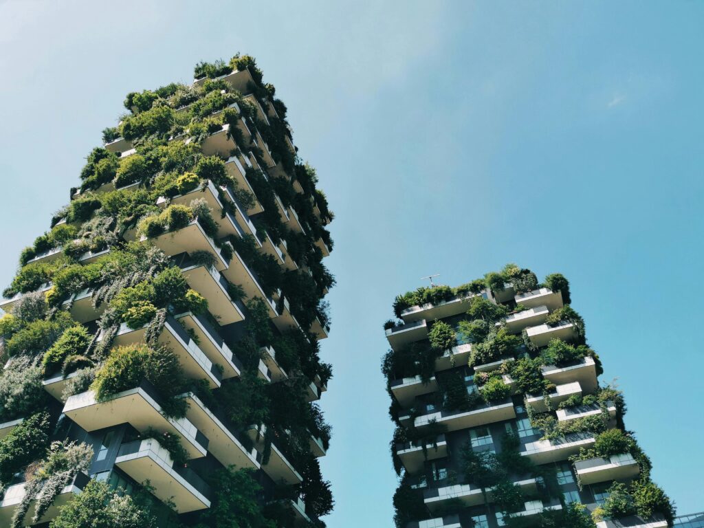 Green buildings in an urban garden.
