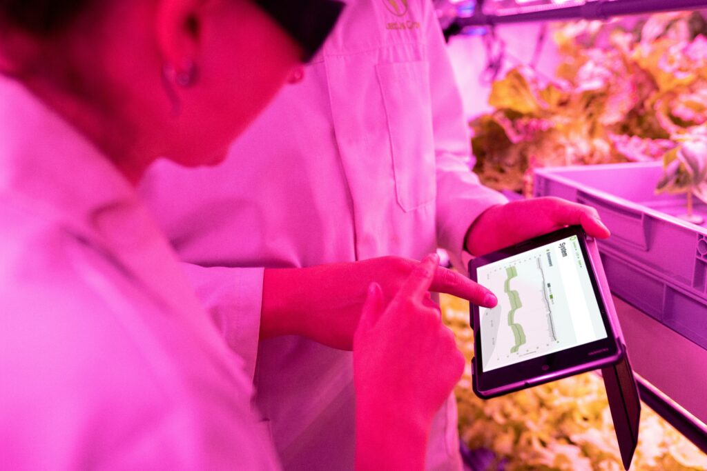 Scientists in lab coats observing data on plant growth on a tablet under pink LED lights, illustrating E-Soil technology in sustainable farming.